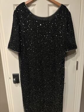 SCALA Vintage 80s Silk Lined Beaded Gown Size 2X Cowl Drape Back Formal Evening